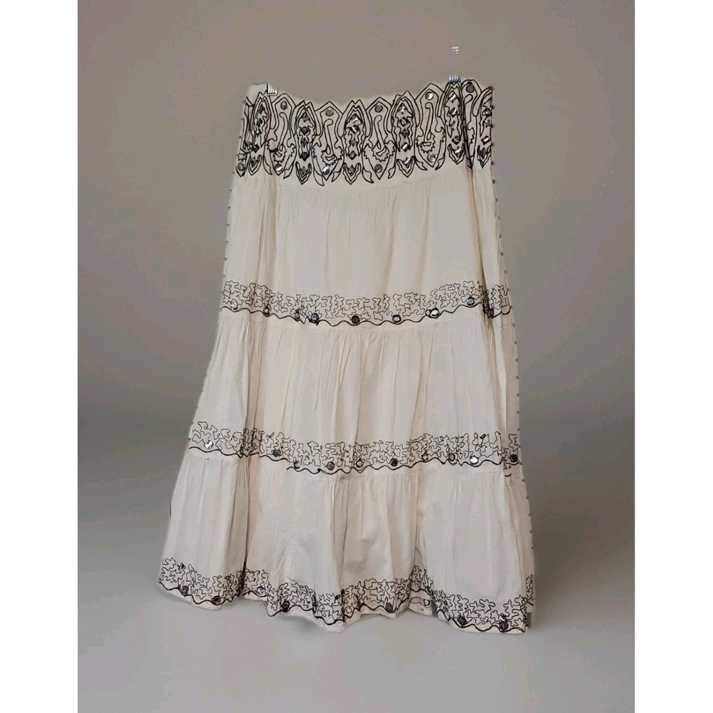 Rafaella Maxi Skirt Side Zip Mirro Accents Size 10 Cotton Embroidered Boho Ivory